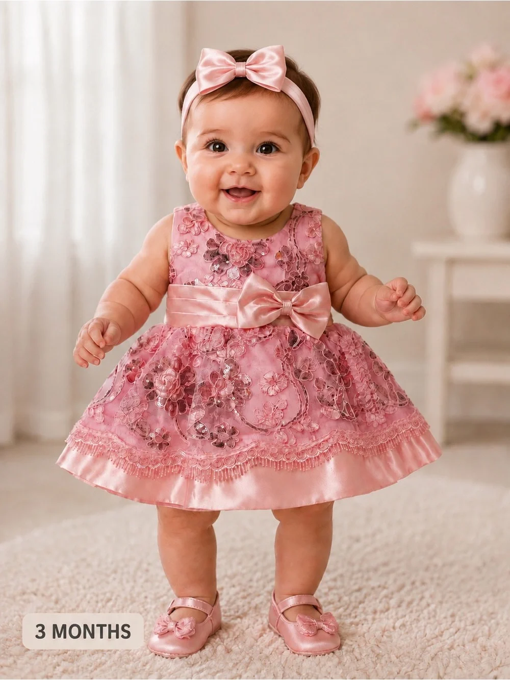 SHANIL Baby Girl Pink Sequin Floral Special Occasion Dress + Headband 3m